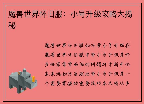 魔兽世界怀旧服：小号升级攻略大揭秘