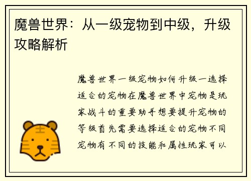 魔兽世界：从一级宠物到中级，升级攻略解析